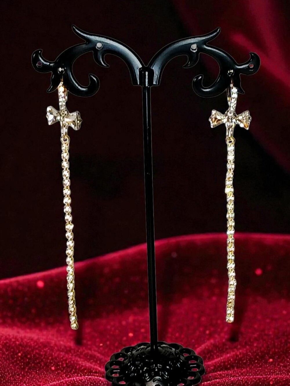 Rhinestone Bow Linear Drop Pierced Earrings Bow Mixed Metal Glam Luxe Bling Y2k